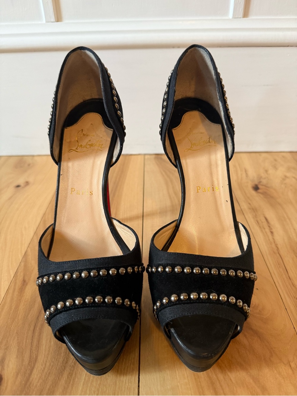Christian Louboutin Black Suede Studded Stiletto Pumps with Red Soles - Picture 3 of 6